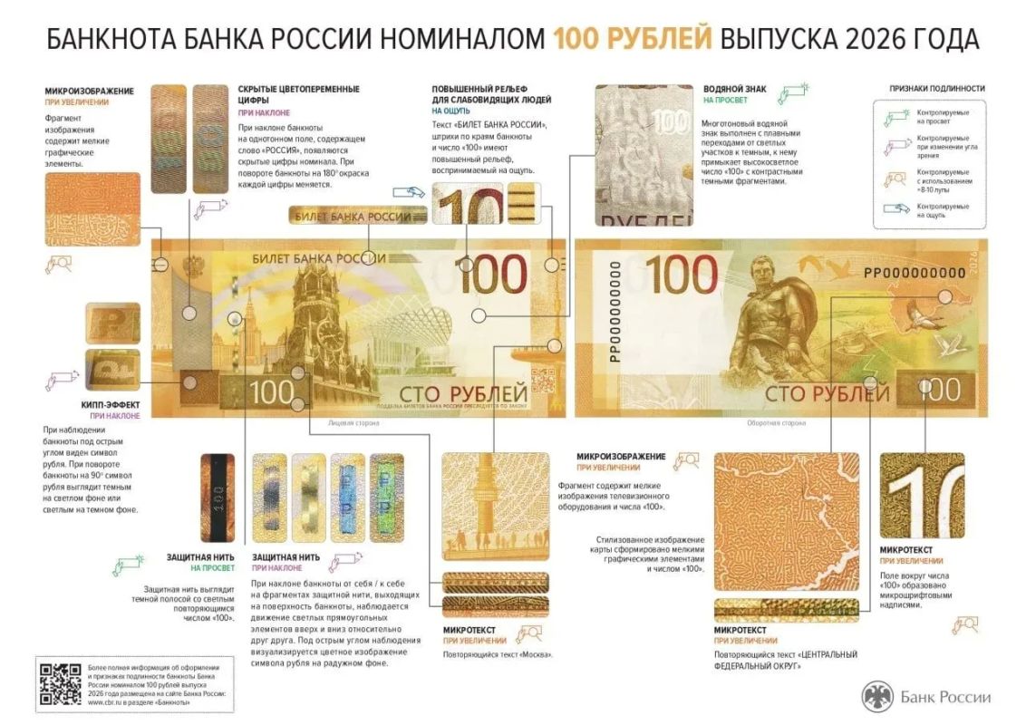 С 10 июля вышла в обращение модернизированная банкнота номиналом 100 рублей выпуска 2026 года, сообщает пресс-служба Банка России